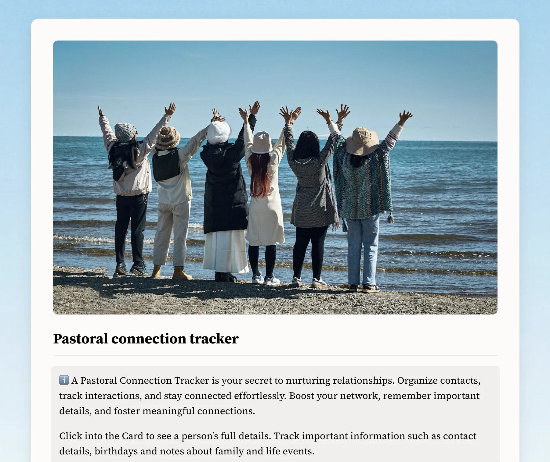 Pastoral connection tracker template in Craft with a congregation photo and member tracking instructions.