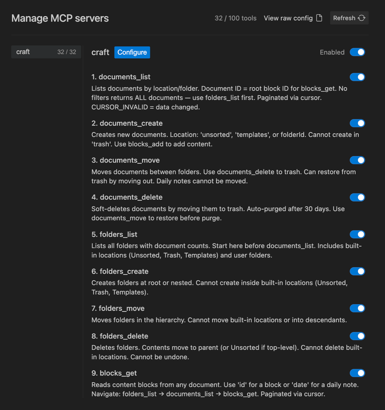 Craft MCP-Server verbunden, Werkzeuge aktiviert