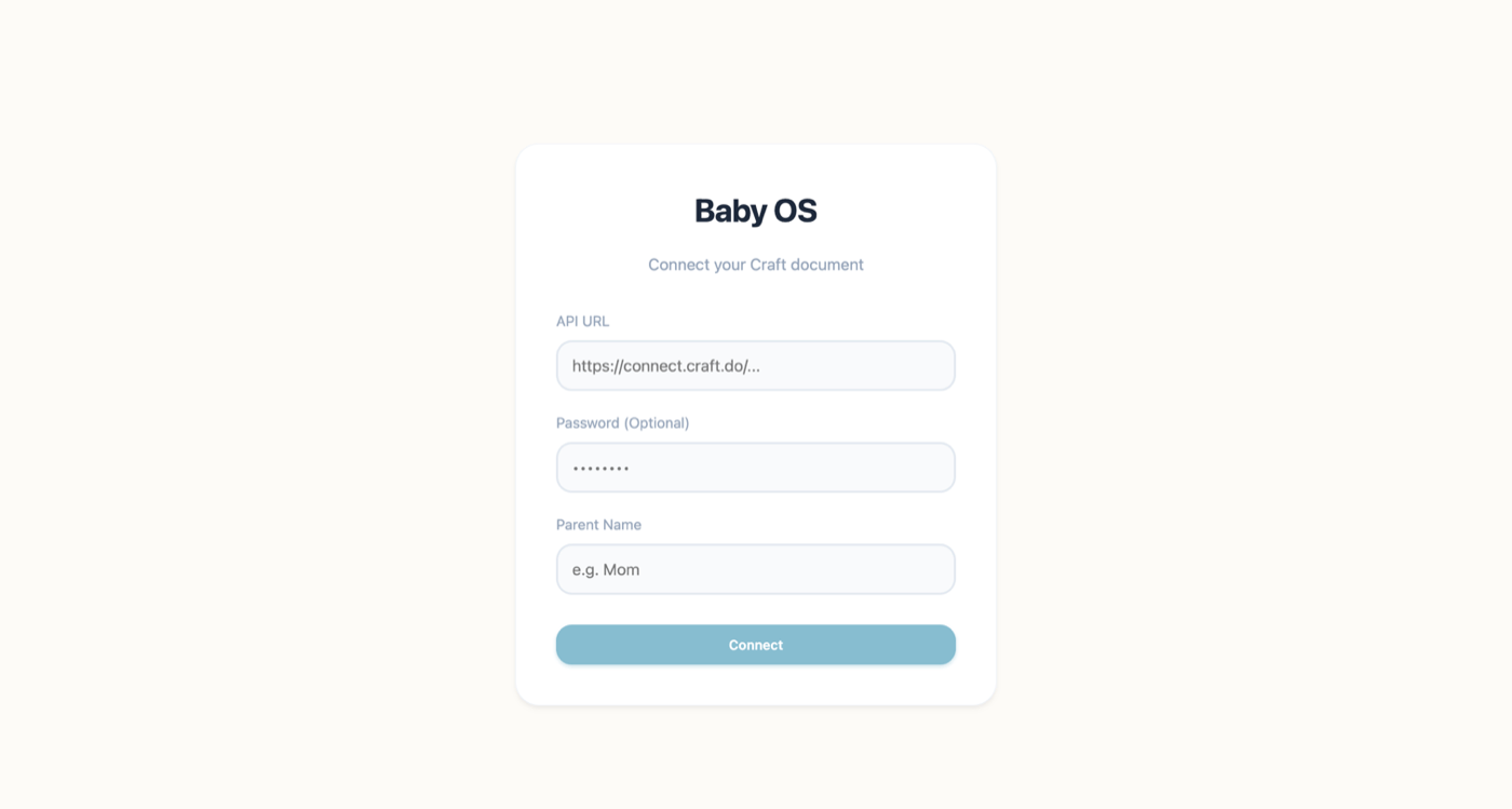 Baby OS connection screen for entering your Craft API URL