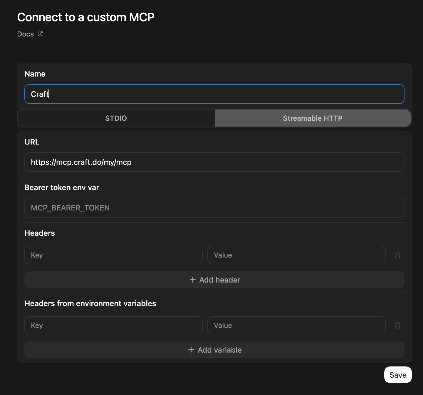 Configure the MCP server with Craft URL