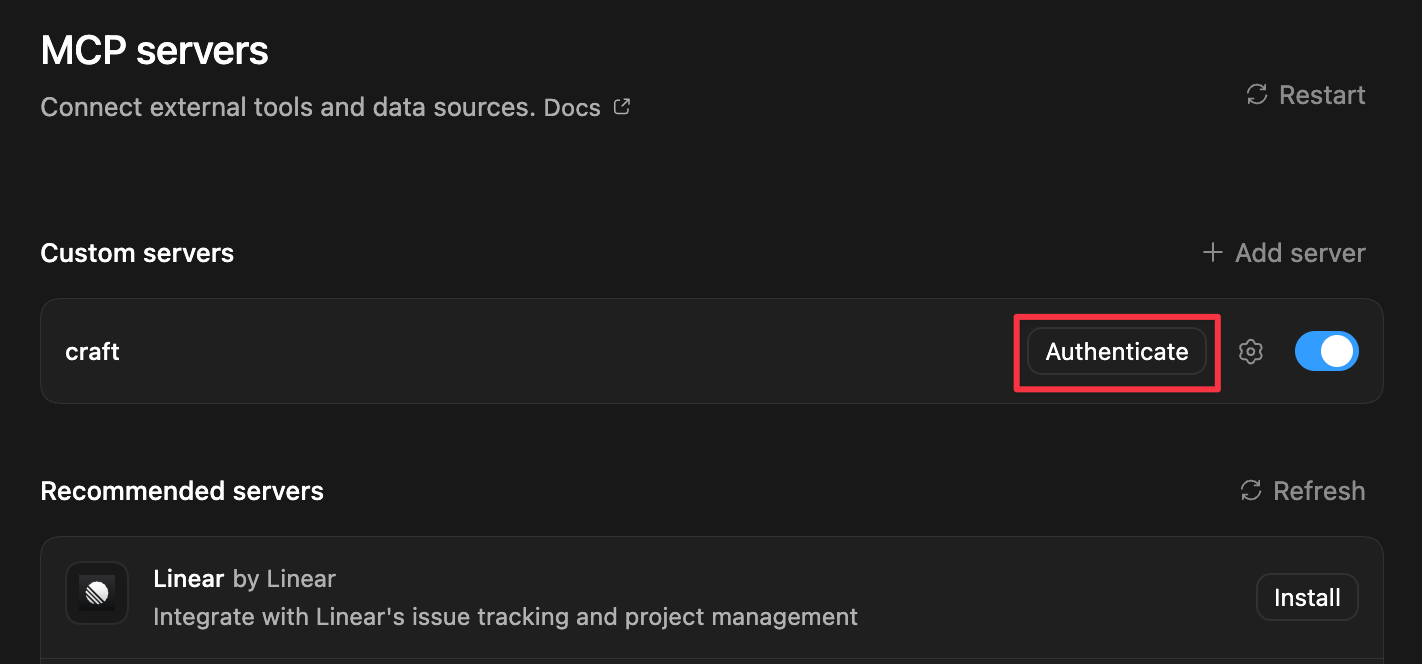 Click Authenticate on the Craft server