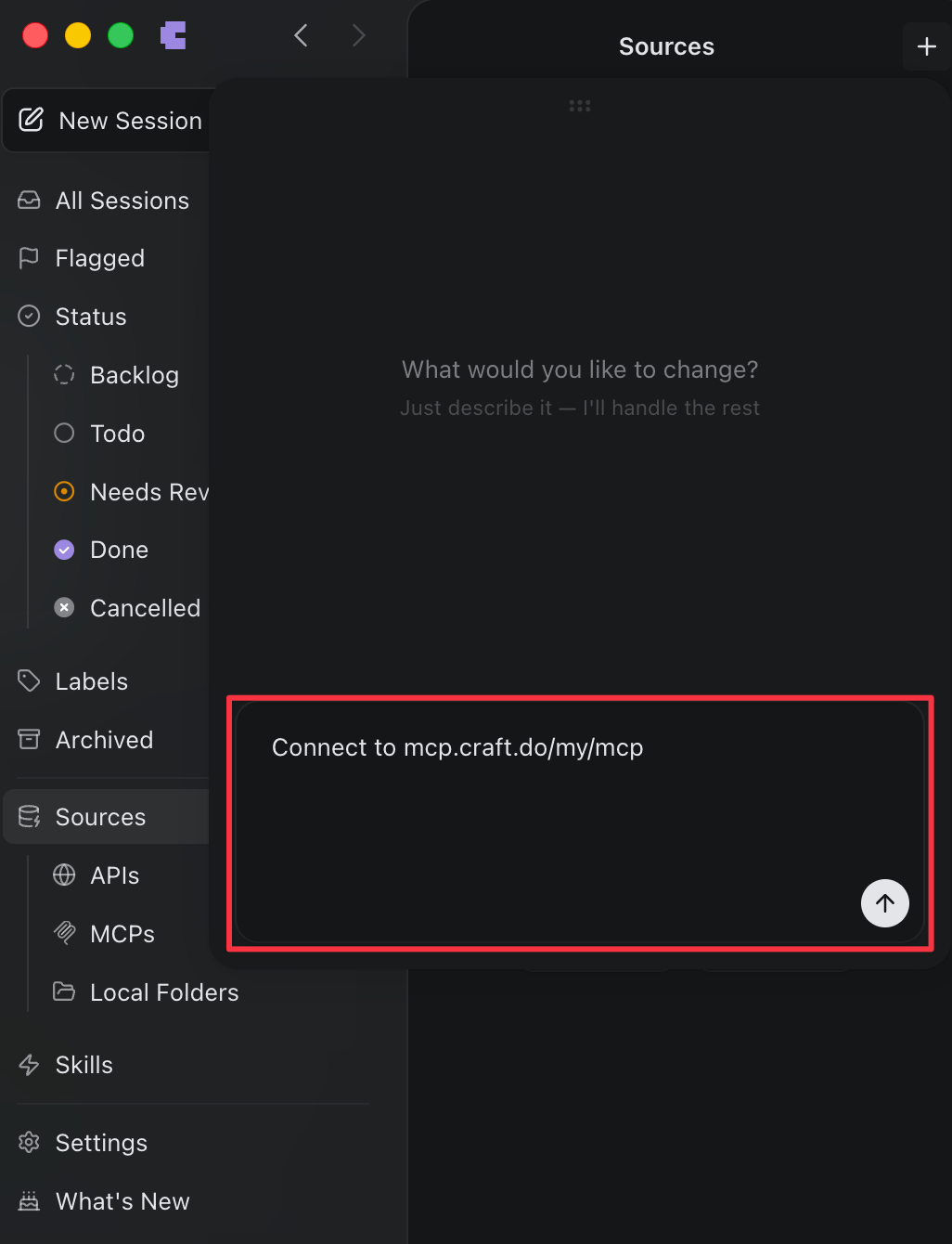 Coller l'URL du MCP dans le chat