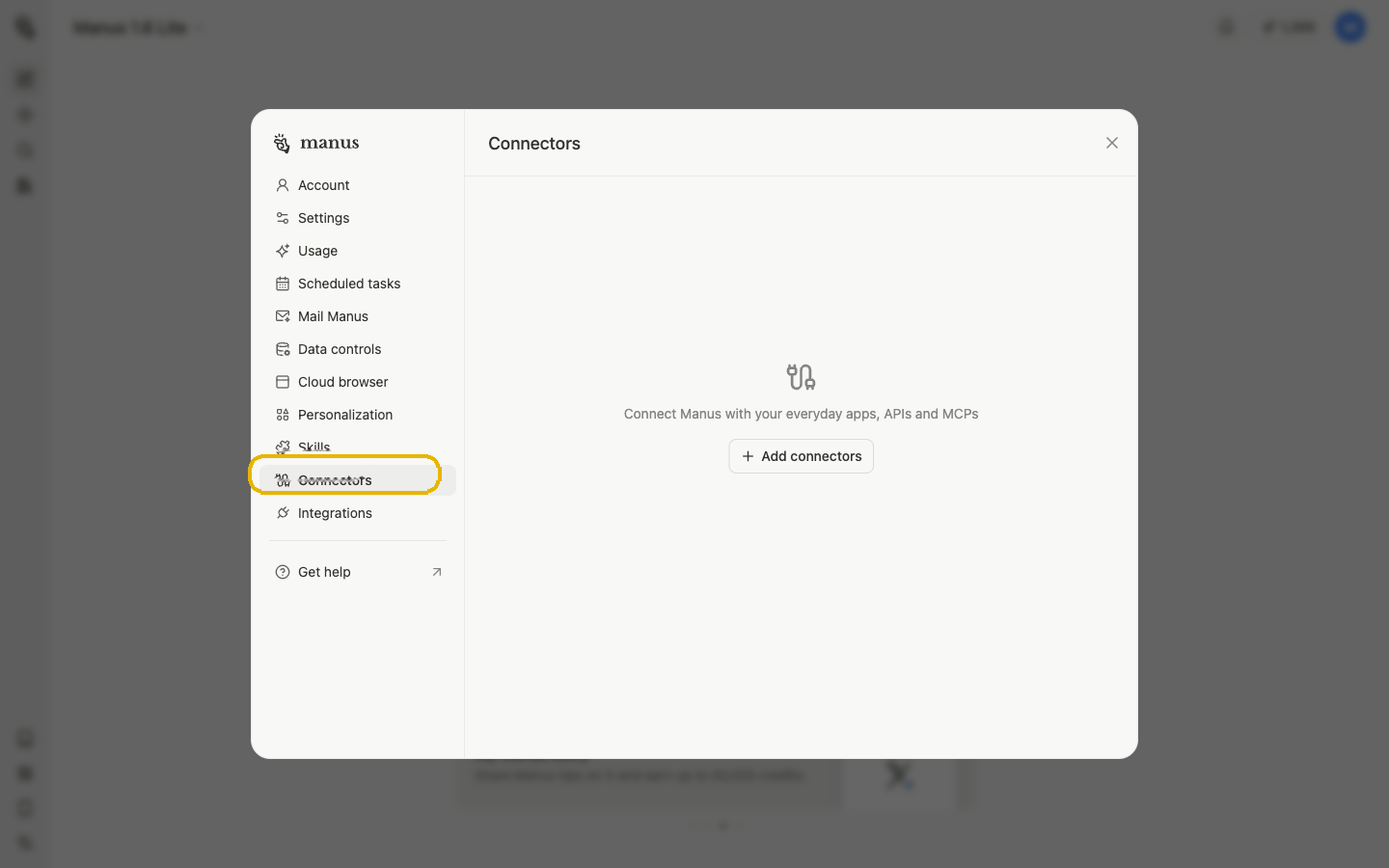 Apri Impostazioni Manus e seleziona Connettori
