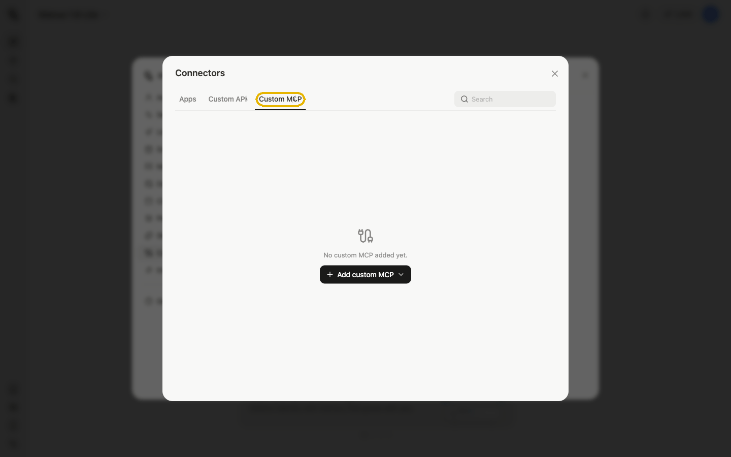 Seleziona la scheda MCP personalizzata in Manus Connectors