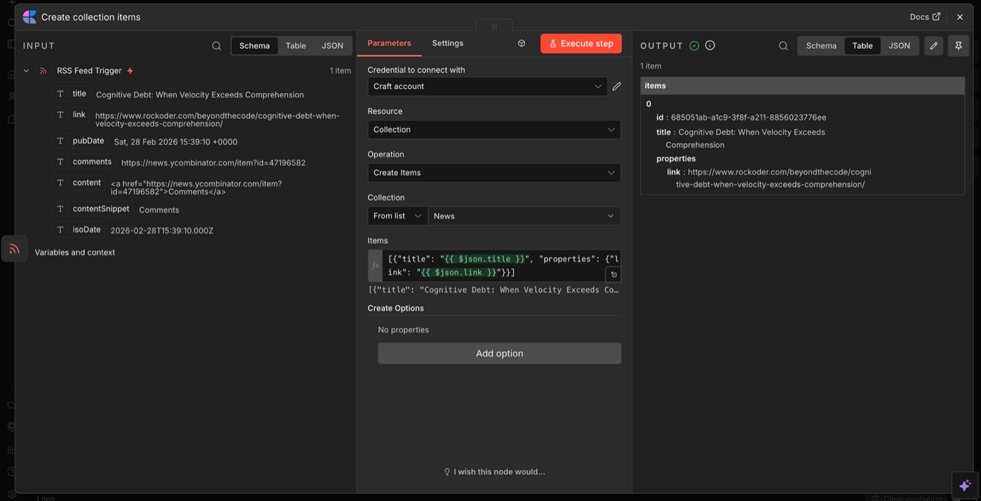 Create collection items node configured to save RSS items to a Craft collection