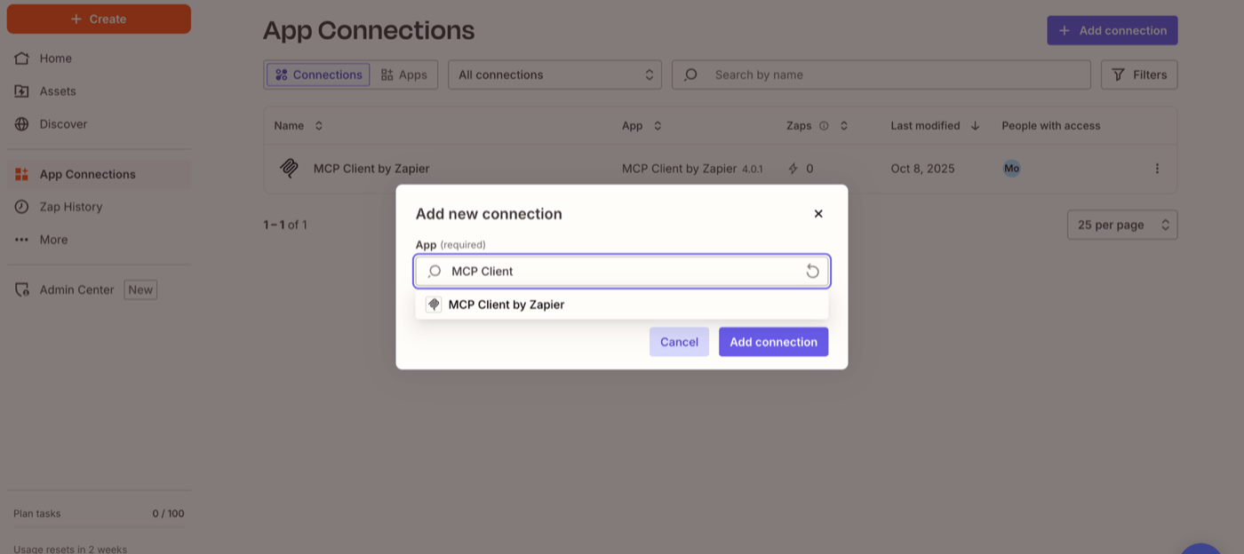 在 App Connections 中搜索 Zapier 的 MCP 客户端