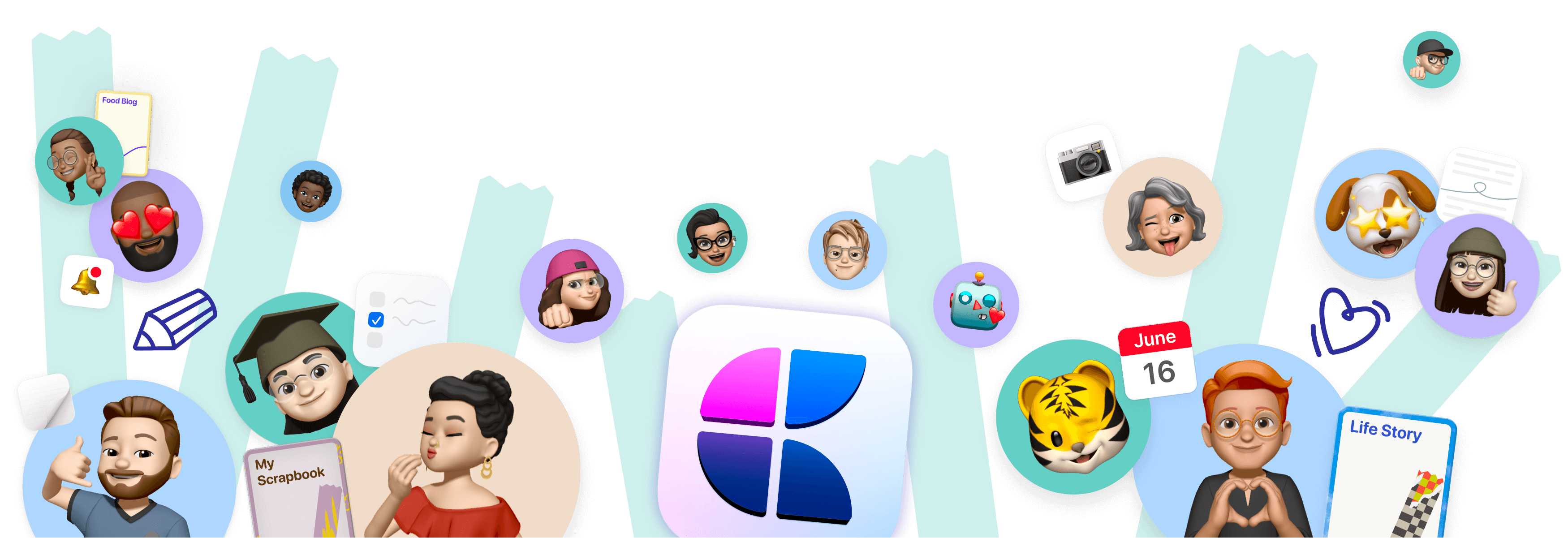 Illustration of diverse Craft users, their documents, and how they share it with others
