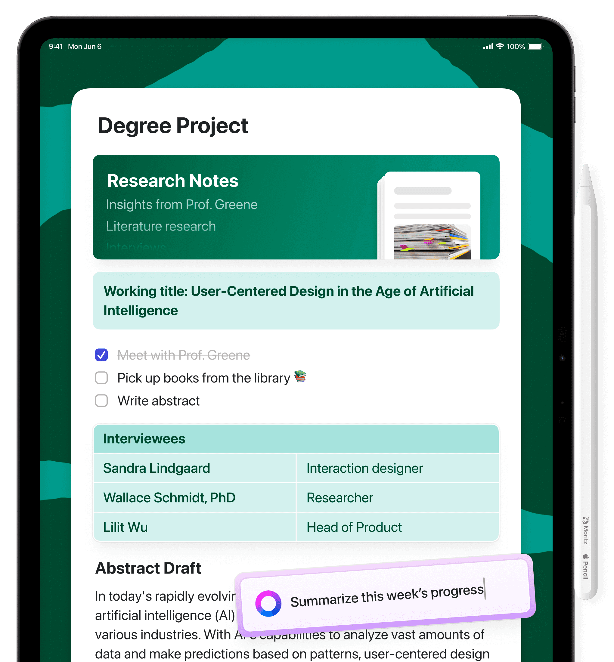 Craft on iPad, showing a document called "Degree Project"