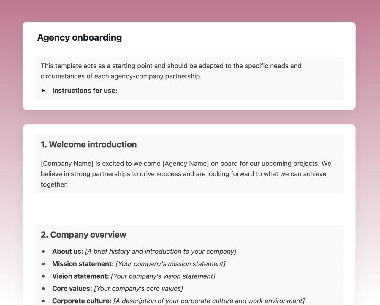 Craft Free Template: Agency onboarding