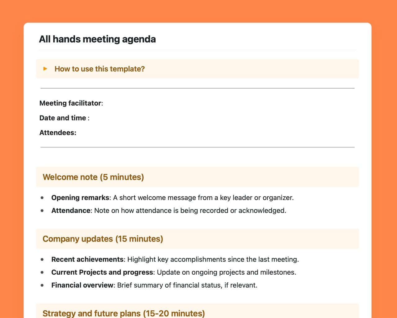 All hands meeting agenda template in Craft.