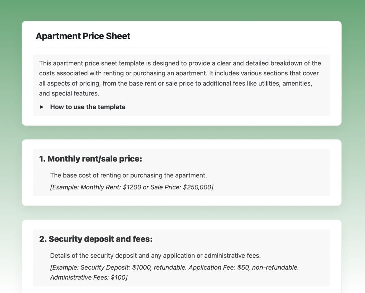 Craft Free Template: Apartment price sheet
