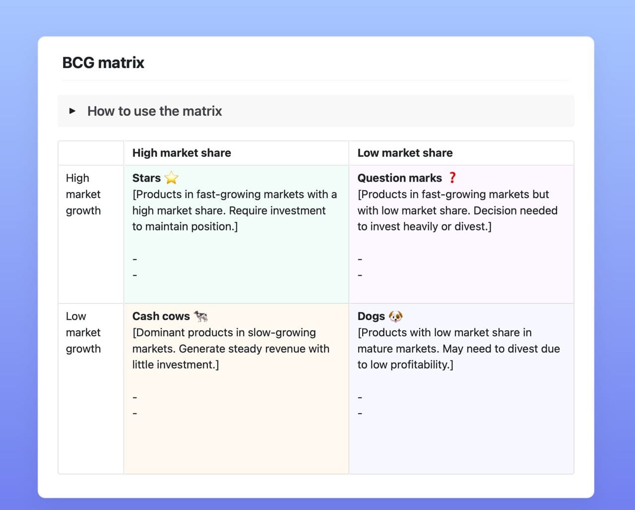 Craft Free Template: BCG matrix