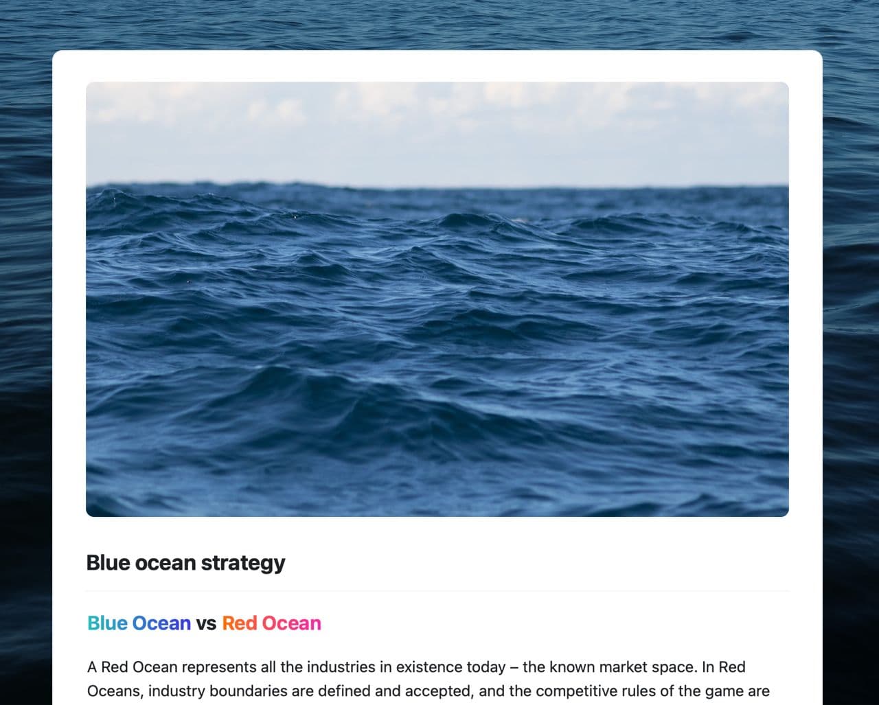 Blue ocean strategy template in Craft showing instructions.
