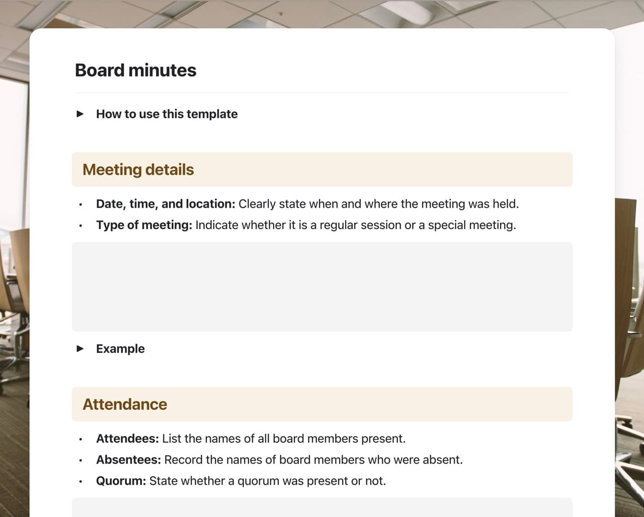 Board minutes template in Craft