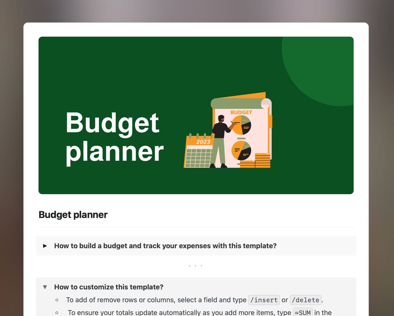 Budget planner template in Craft showing instructions.