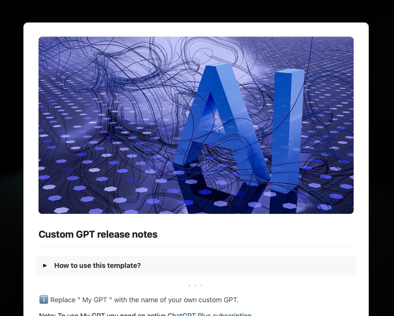 Custom GPT release notes template in Craft showing instructions.
