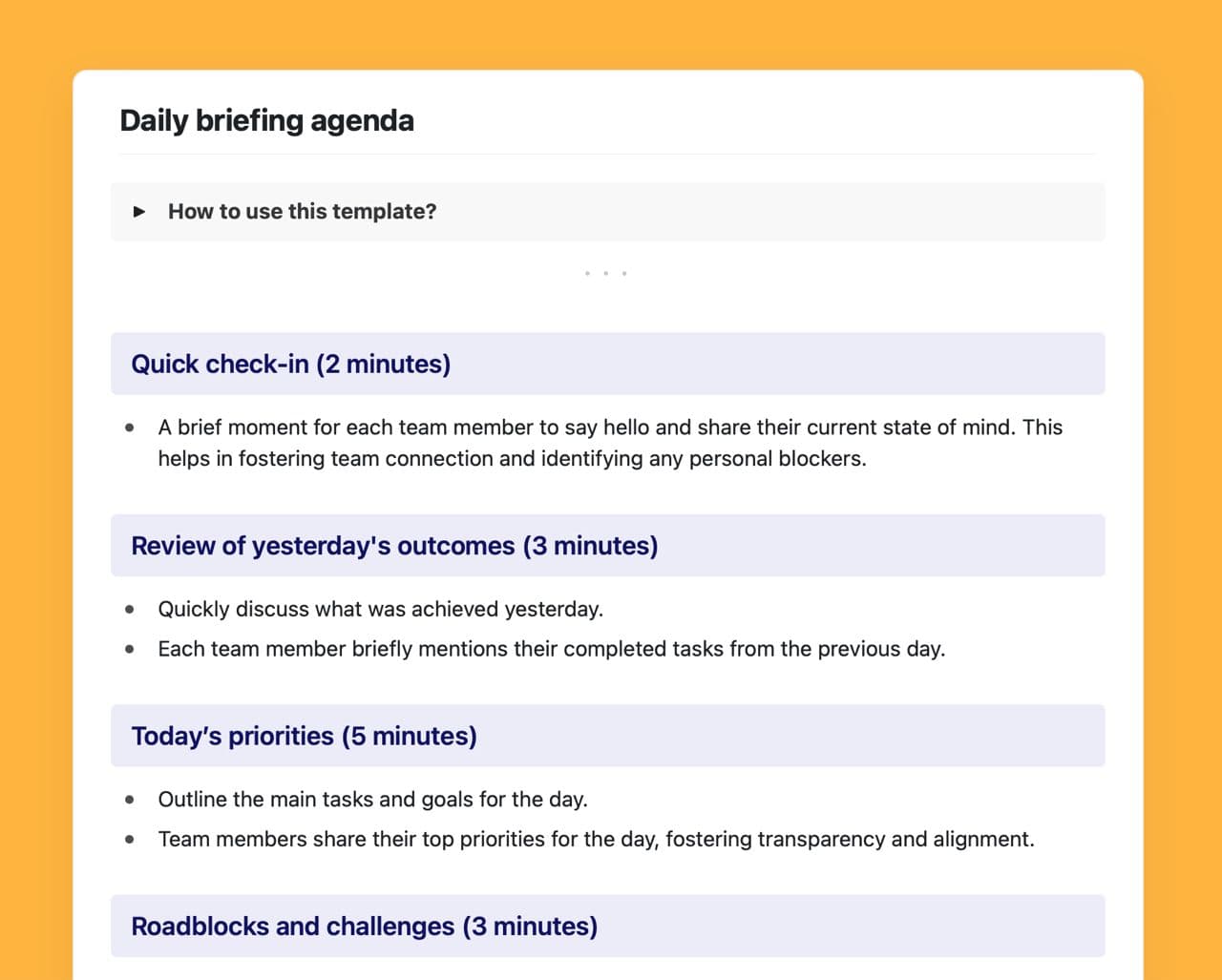 Daily briefing agenda template in Craft.