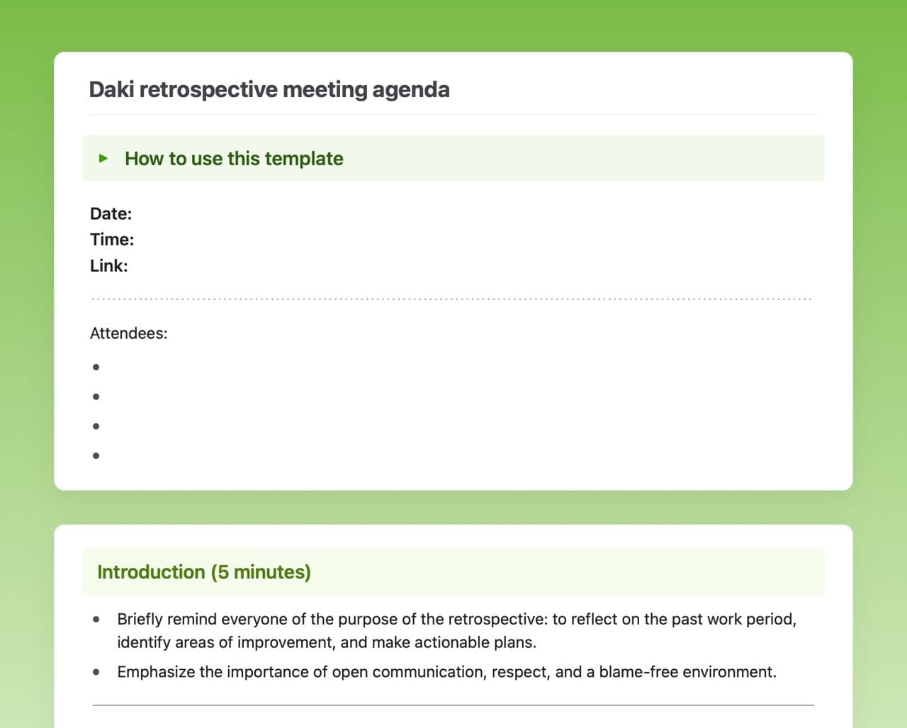 Craft Free Template: Daki retrospective meeting agenda