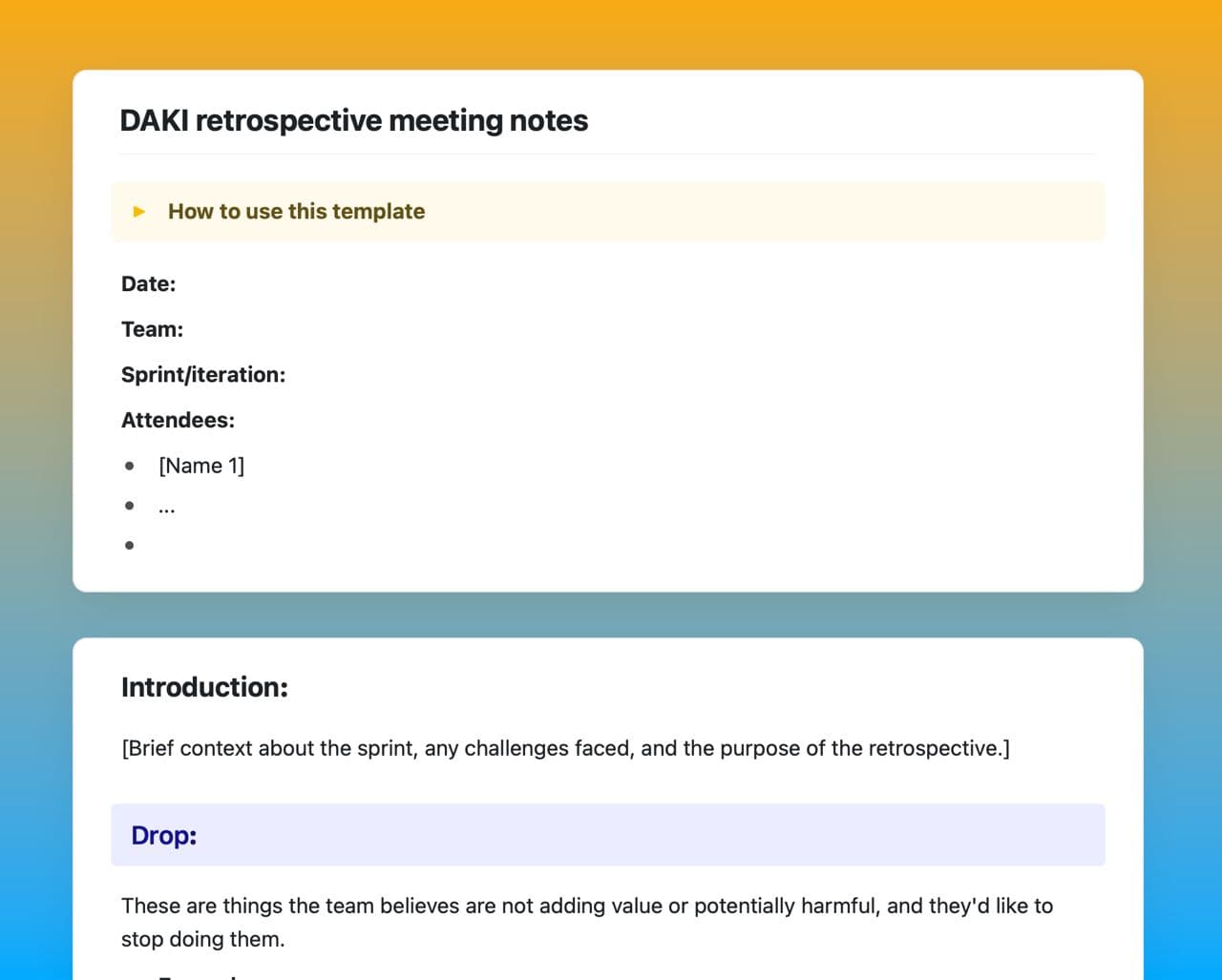 Craft Free Template: DAKI retrospective meeting notes