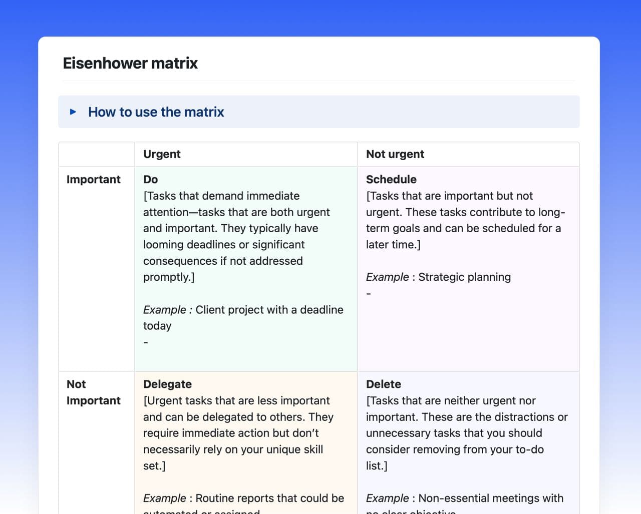 Craft Free Template: Eisenhower matrix