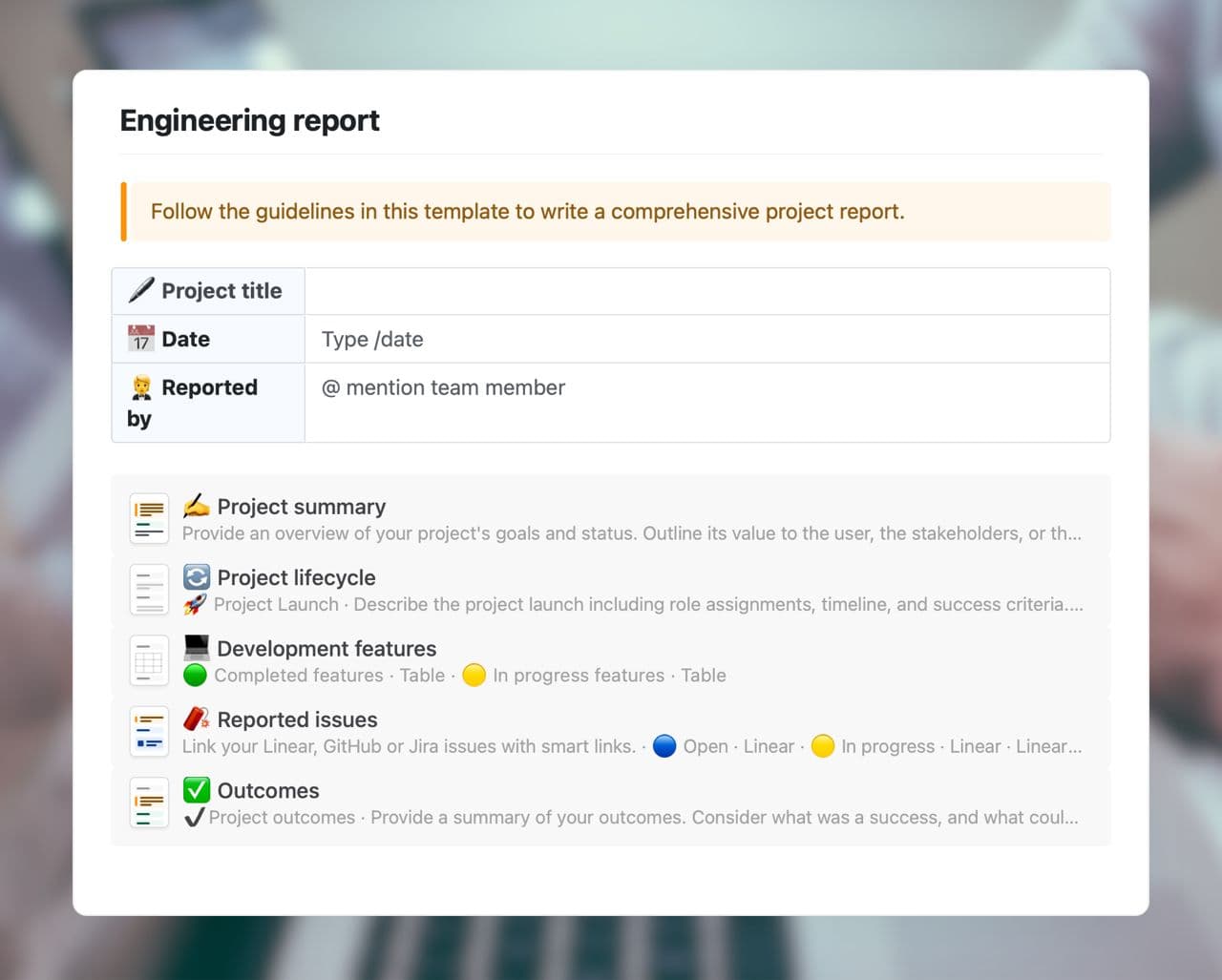 Engineering report template in Craft