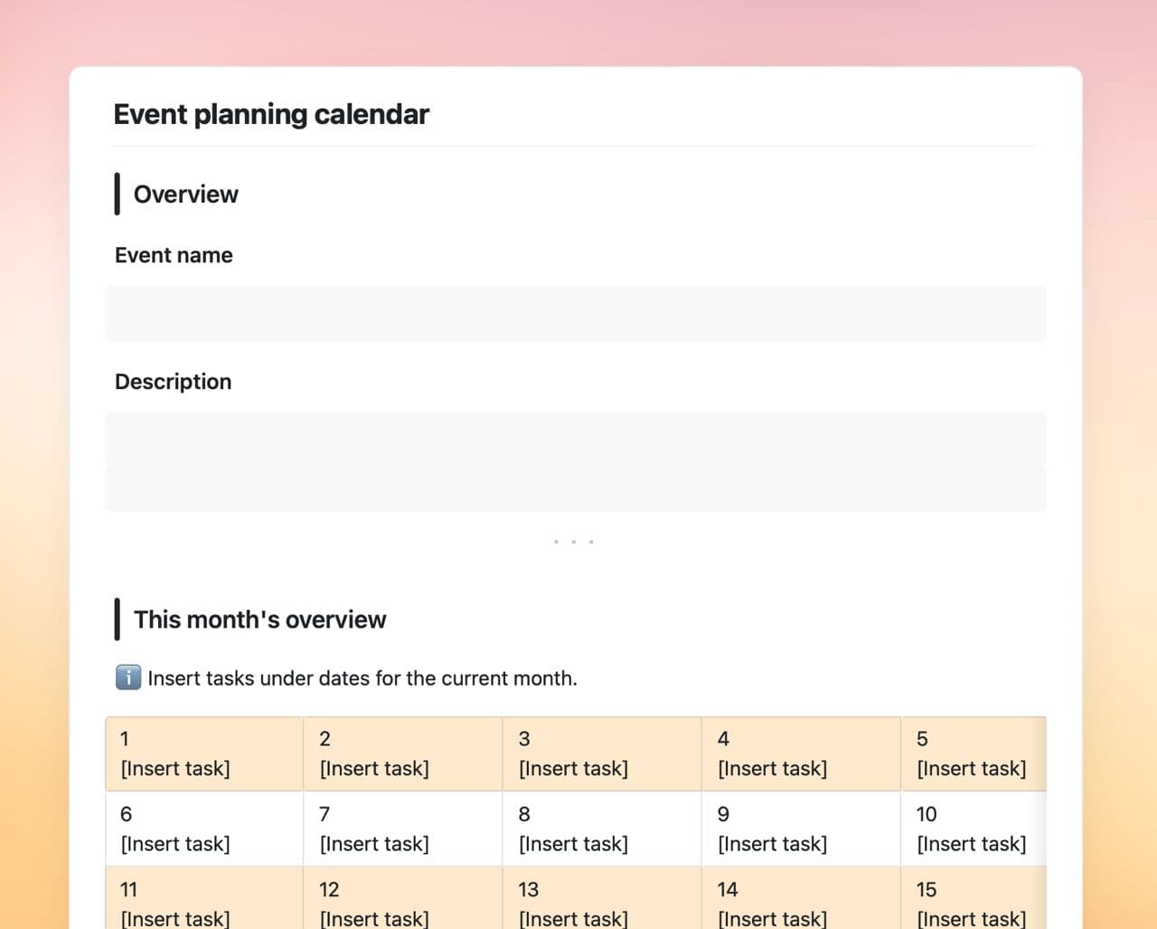 Event planning calendar template in Craft showing instructions.
