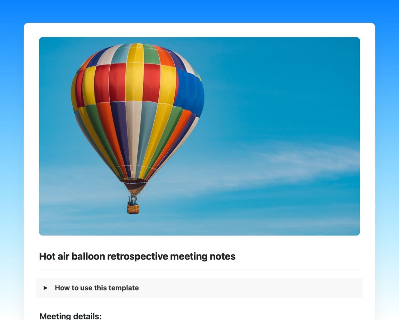 Craft Free Template: Hot air balloon retrospective meeting notes