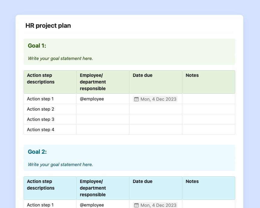 HR project plan in Craft