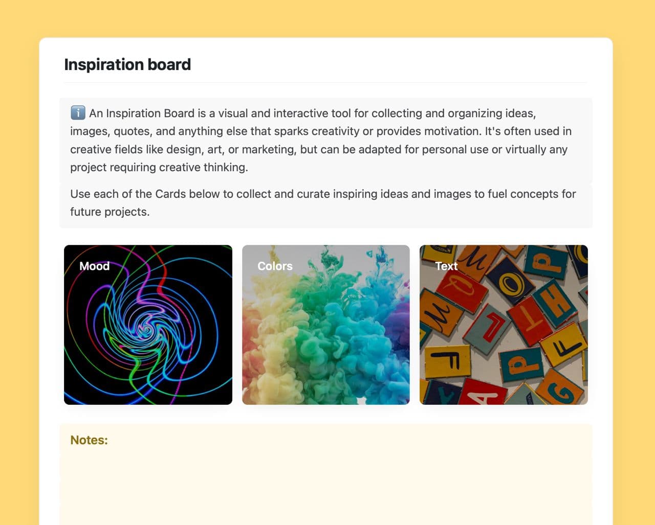 Inspiration board template in Craft showing instructions and boards.