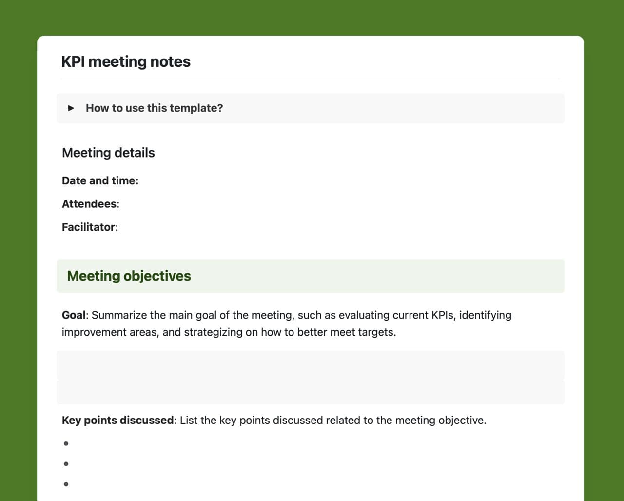 Craft Free Template: KPI meeting notes