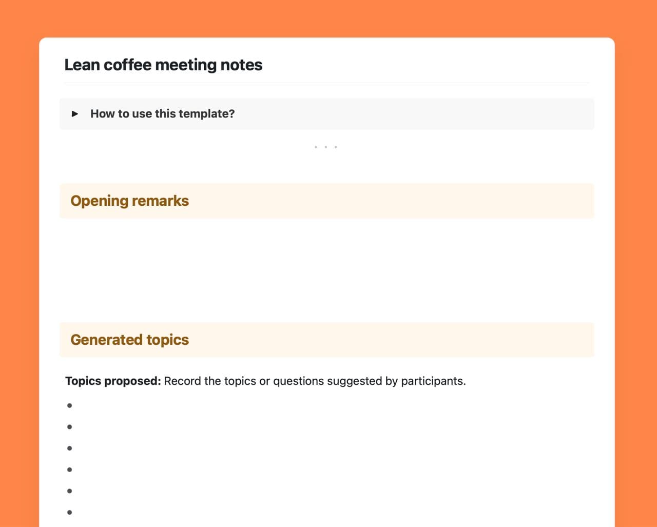 Craft Free Template: Lean coffee meeting notes