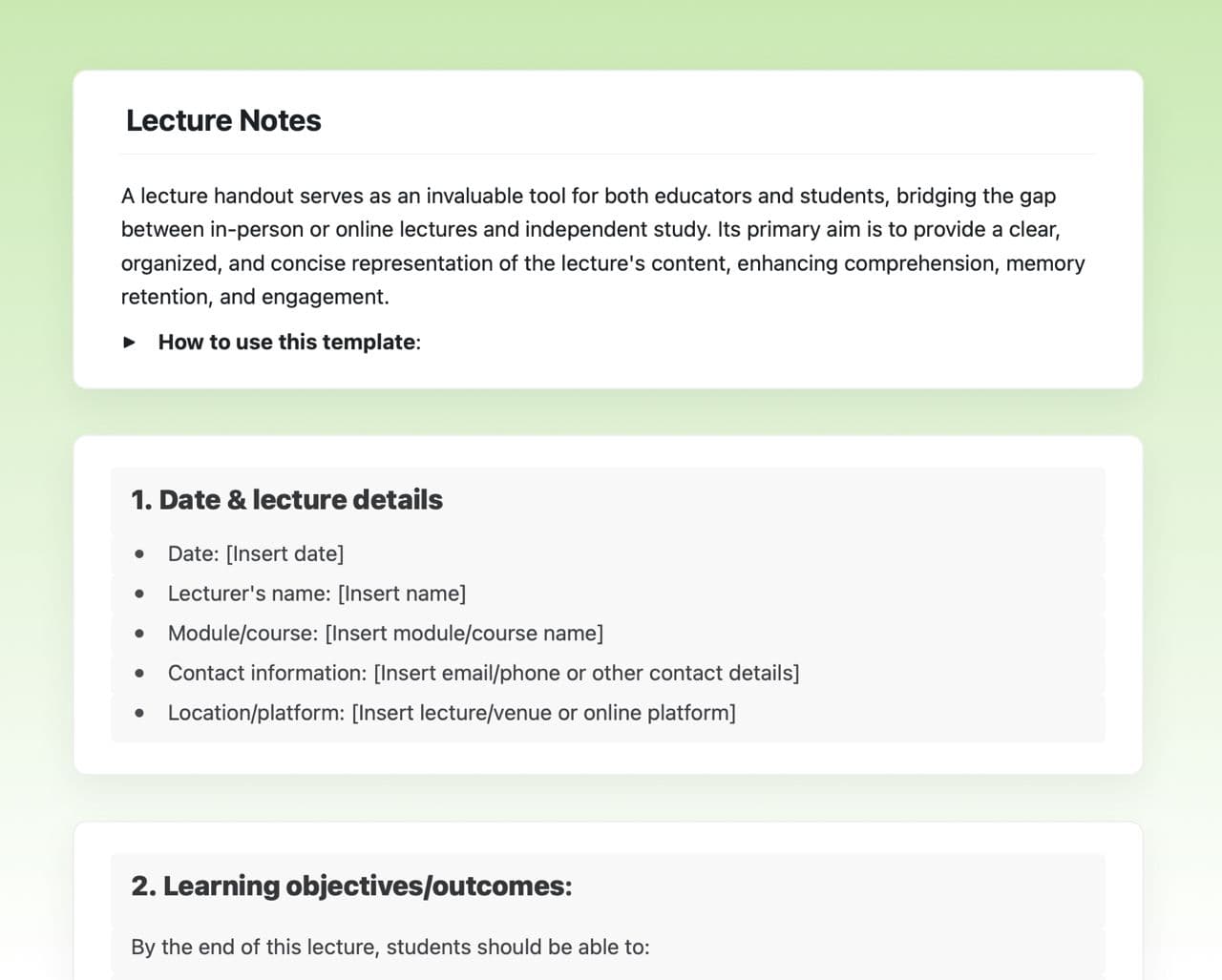 Craft Free Template: Lecture notes