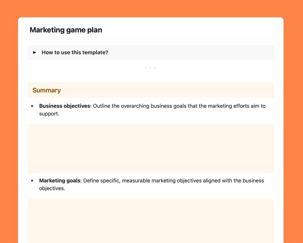 Craft Free Template: Marketing game plan