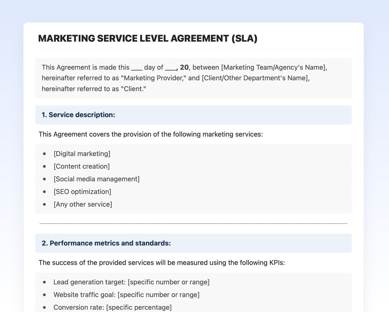 Craft Free Template: Marketing service level agreement (SLA)