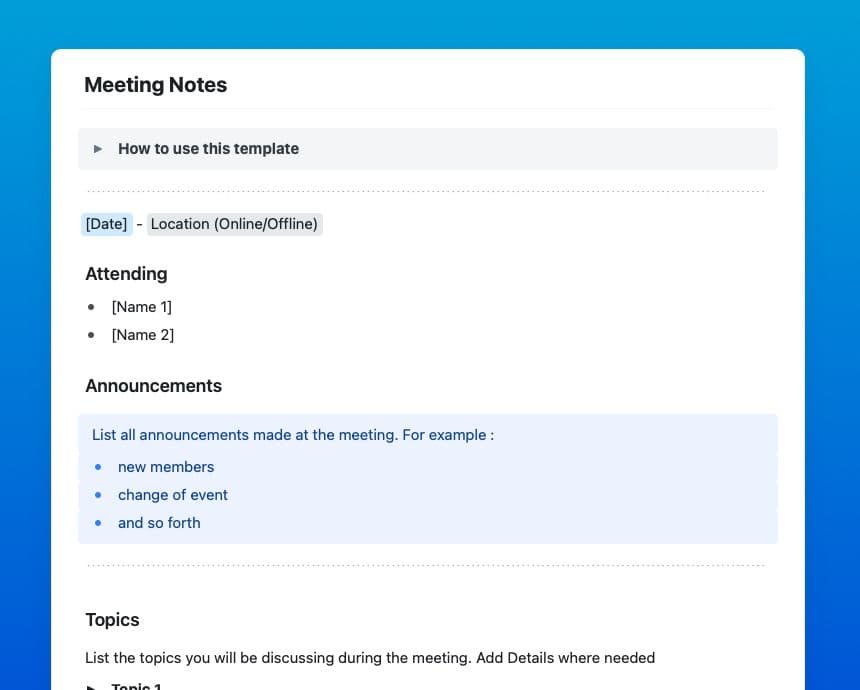 Meeting notes template in Craft