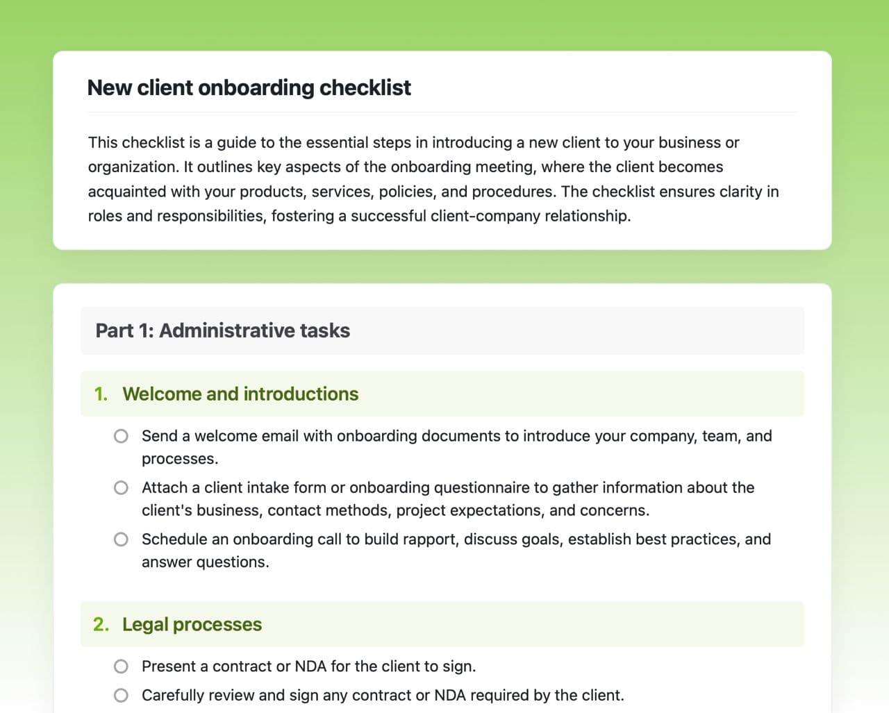 Craft Free Template: New client onboarding checklist