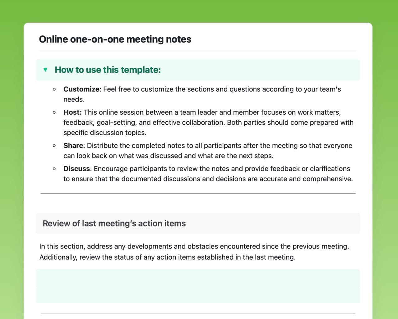 Craft Free Template: Online one-on-one meeting notes