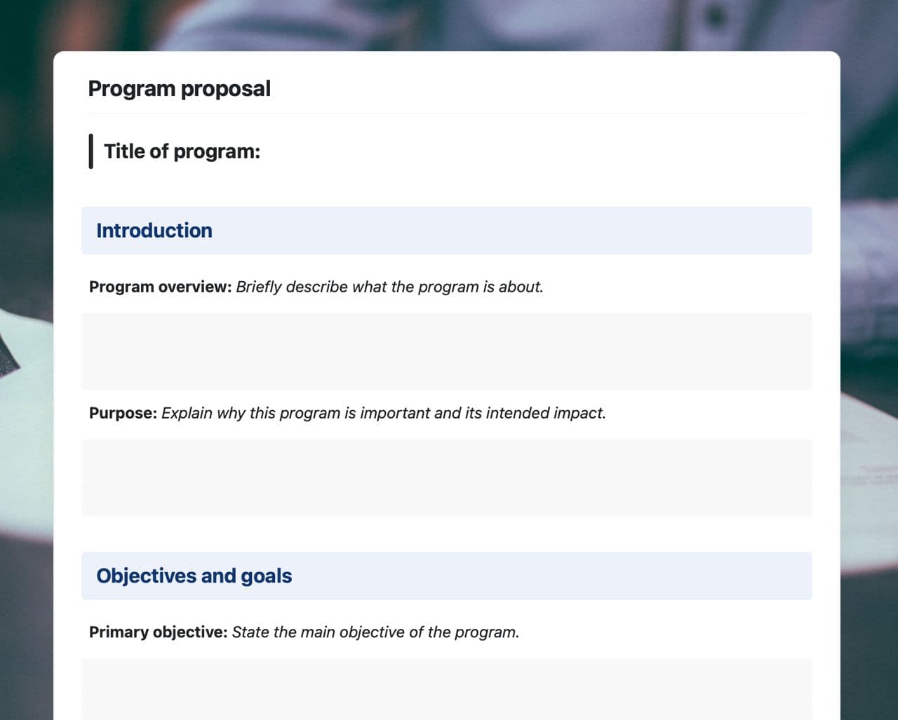 Program proposal template in Craft