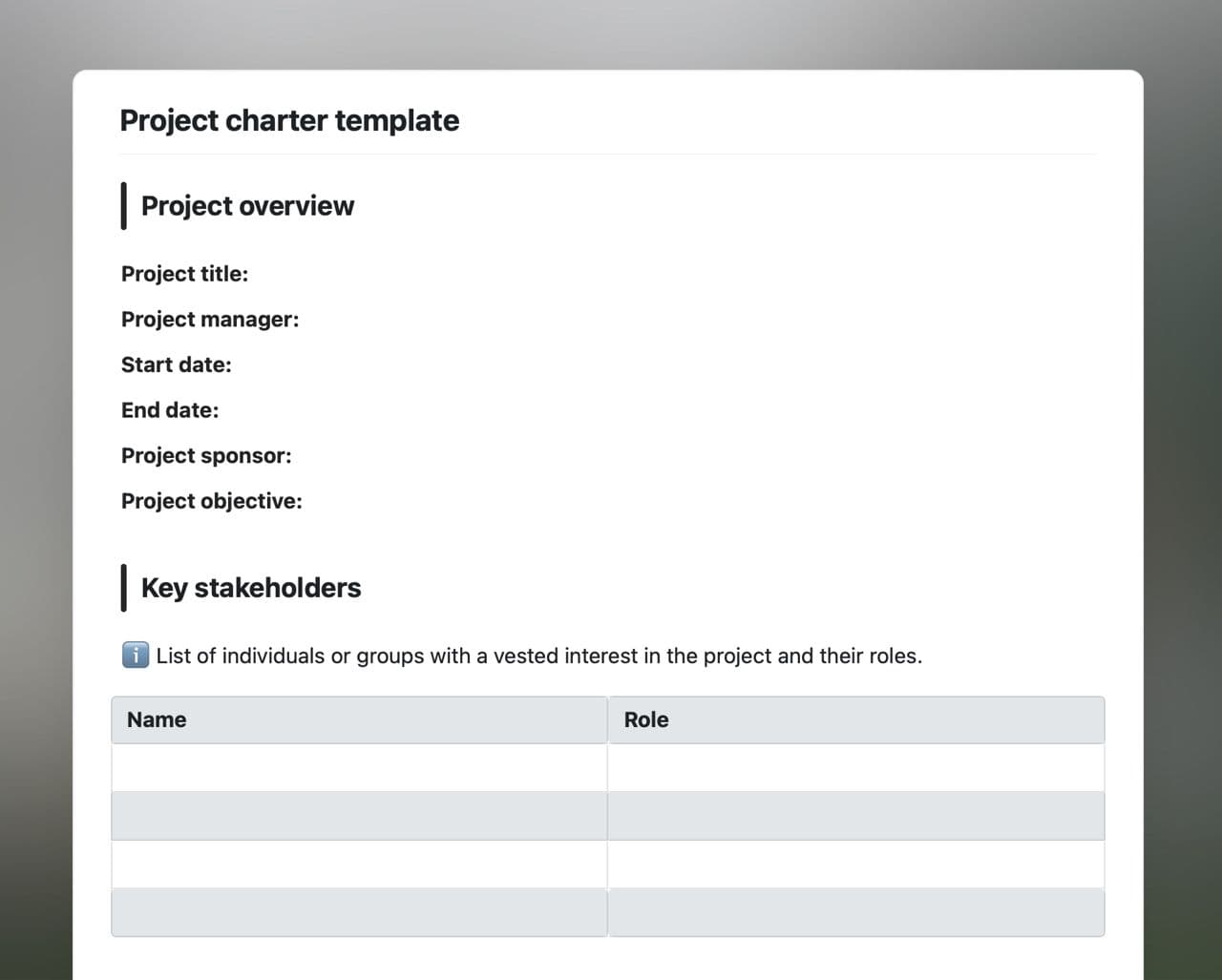 Craft Free Template: Project charter template