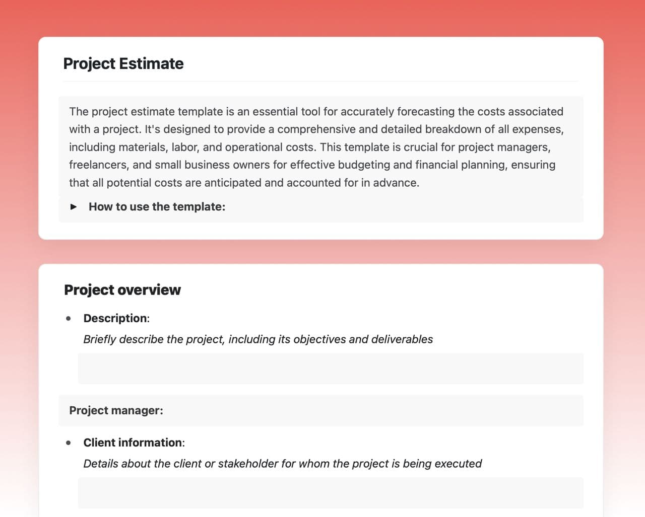 Project estimate template in Craft