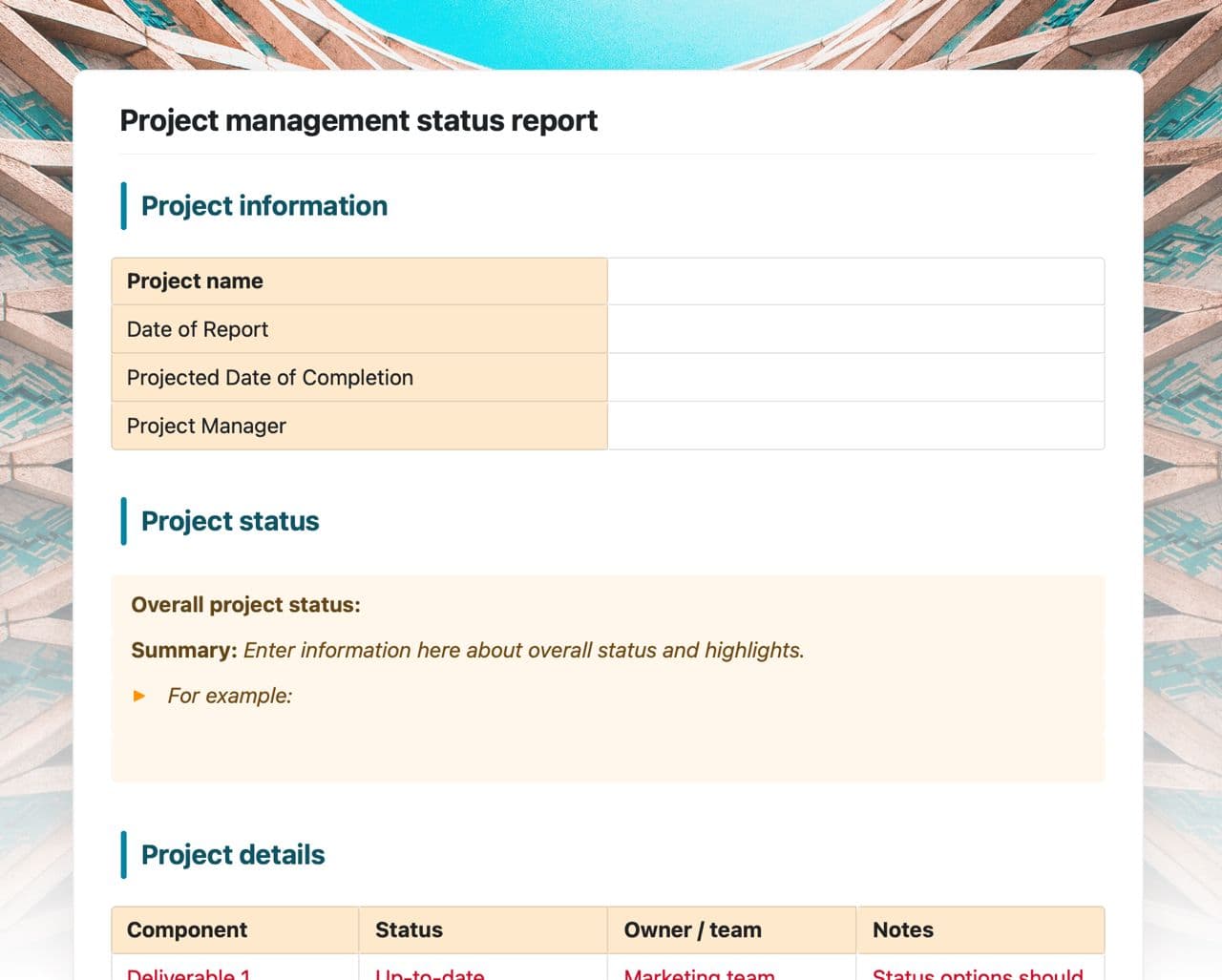 Craft Free Template: Project management status report
