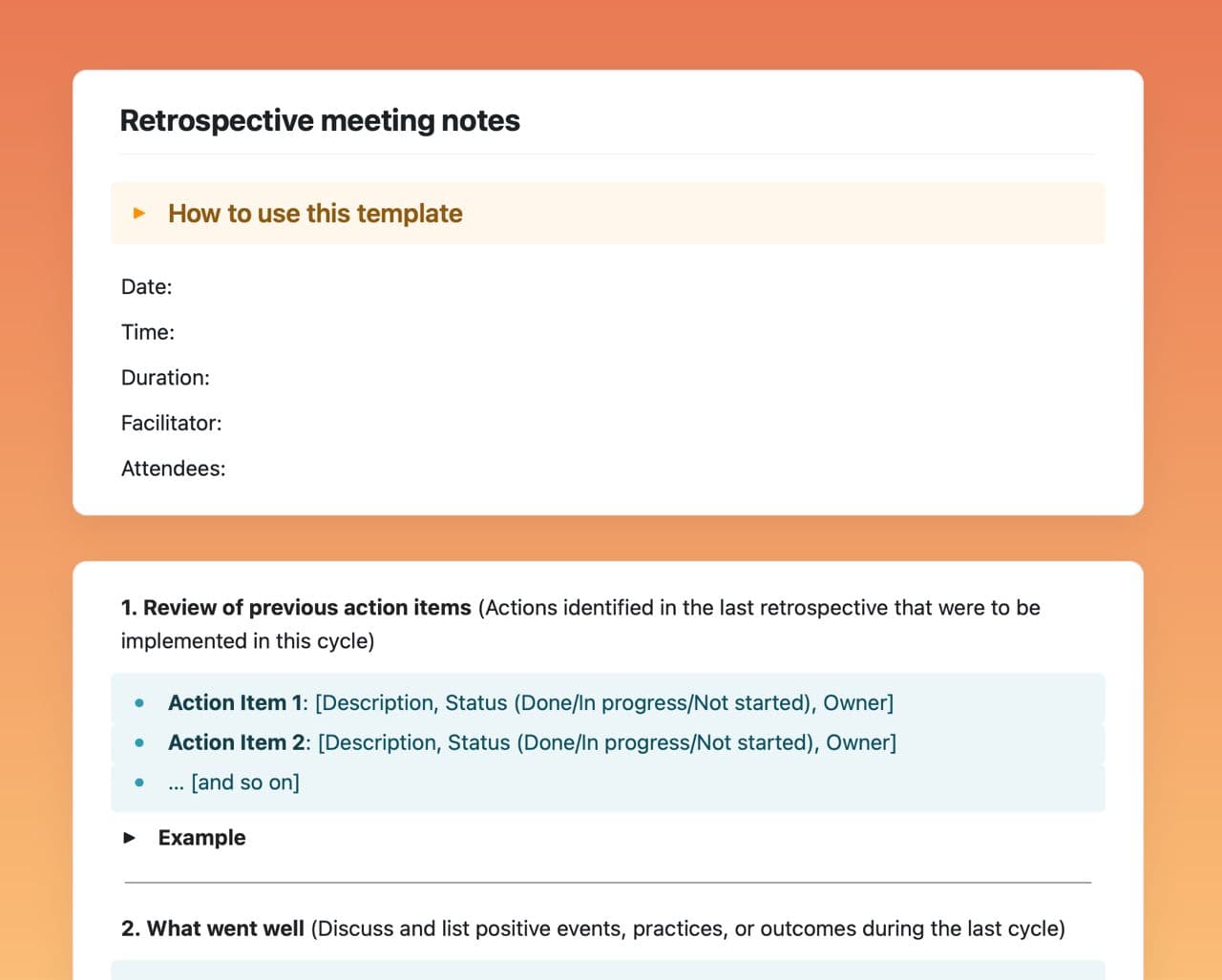 Craft Free Template: Retrospective meeting notes