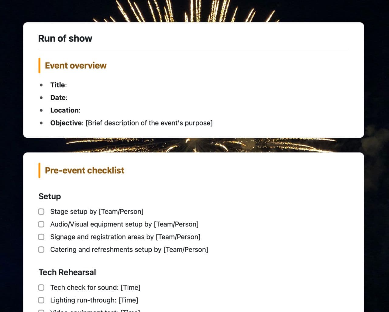 Craft Free Template: Run of show