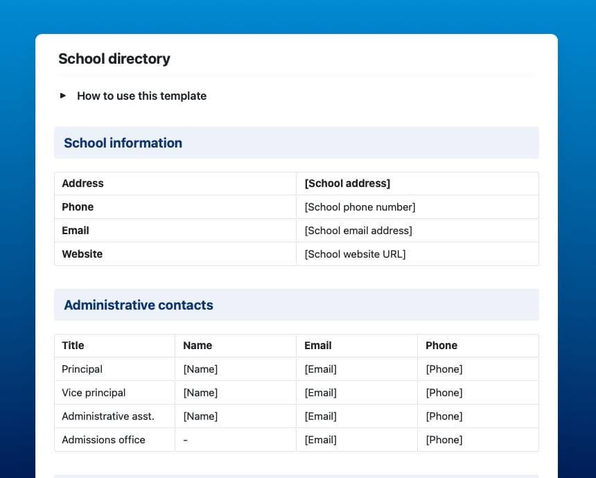 Craft Free Template: School directory