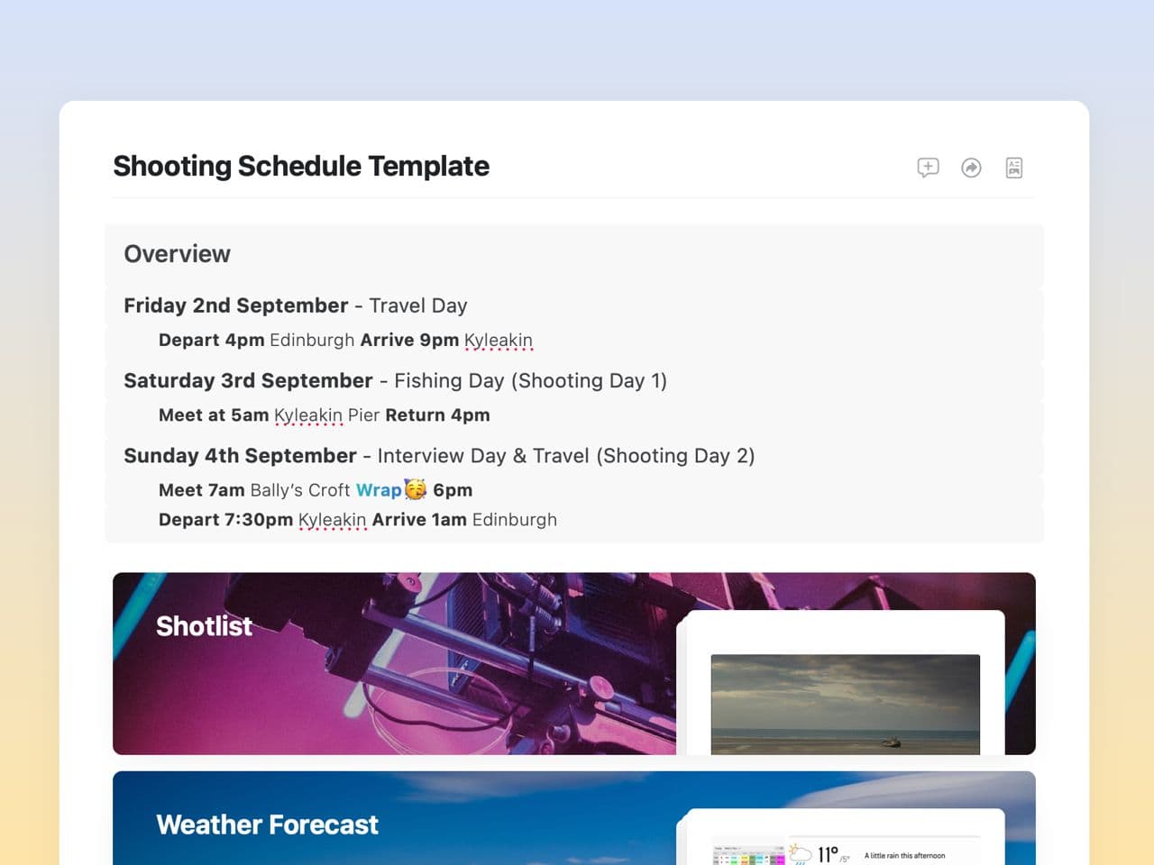 Craft Free Template: Shooting Schedule Template