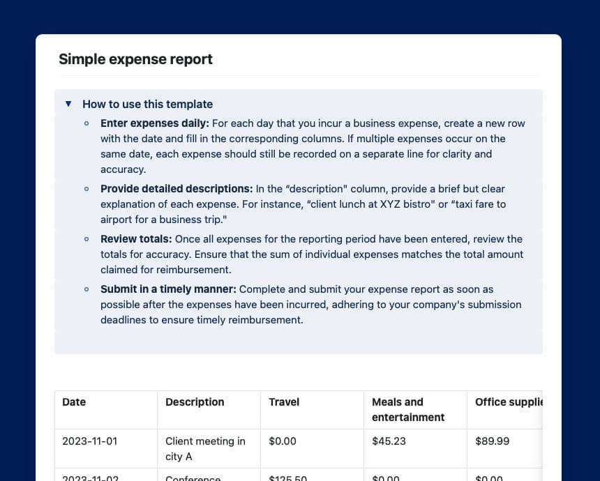 Craft Free Template: Simple expense report