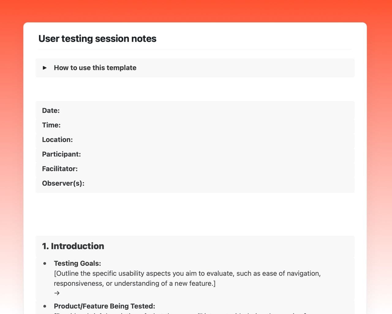Craft Free Template: User testing session notes 