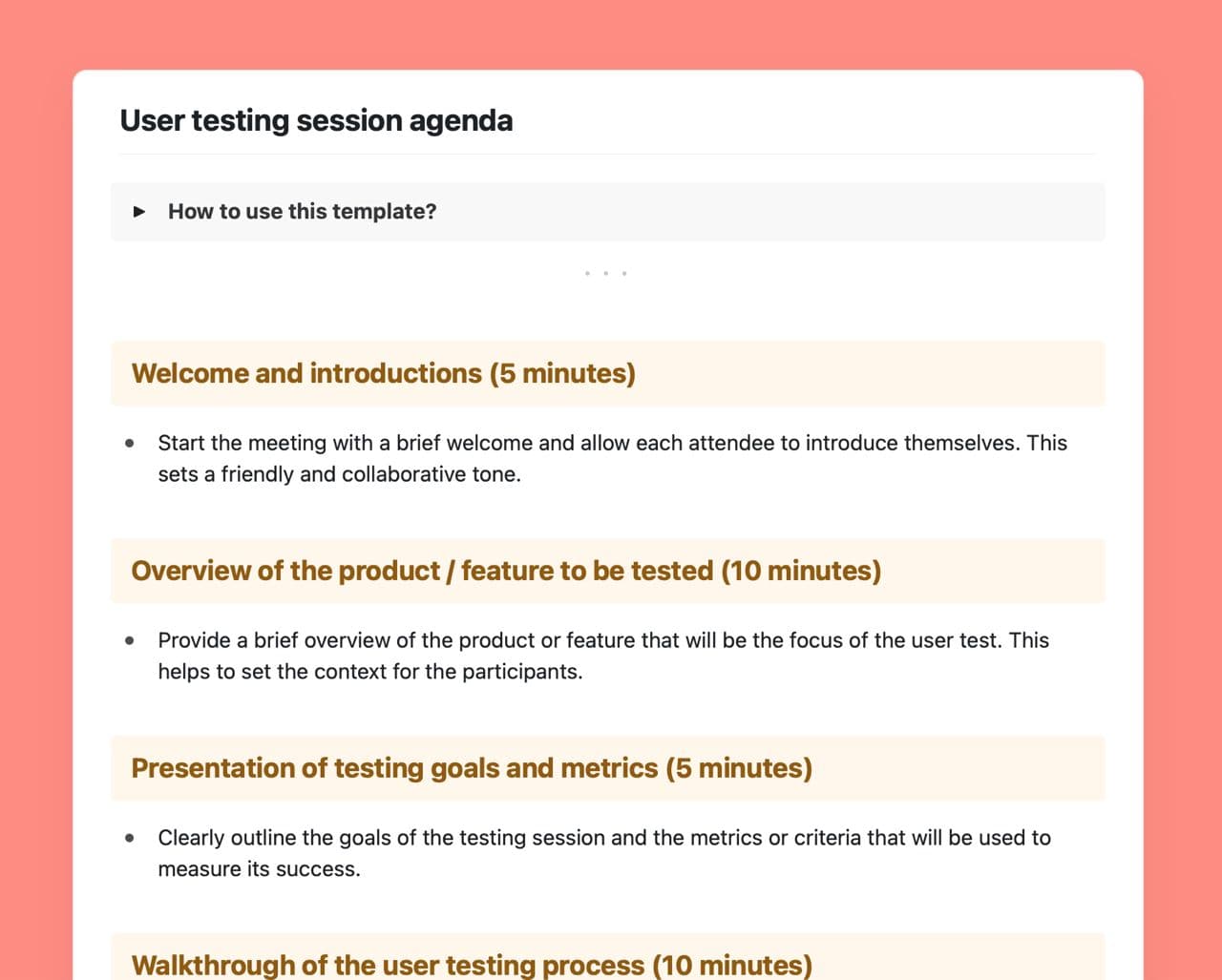 User testing session agenda template in Craft.
