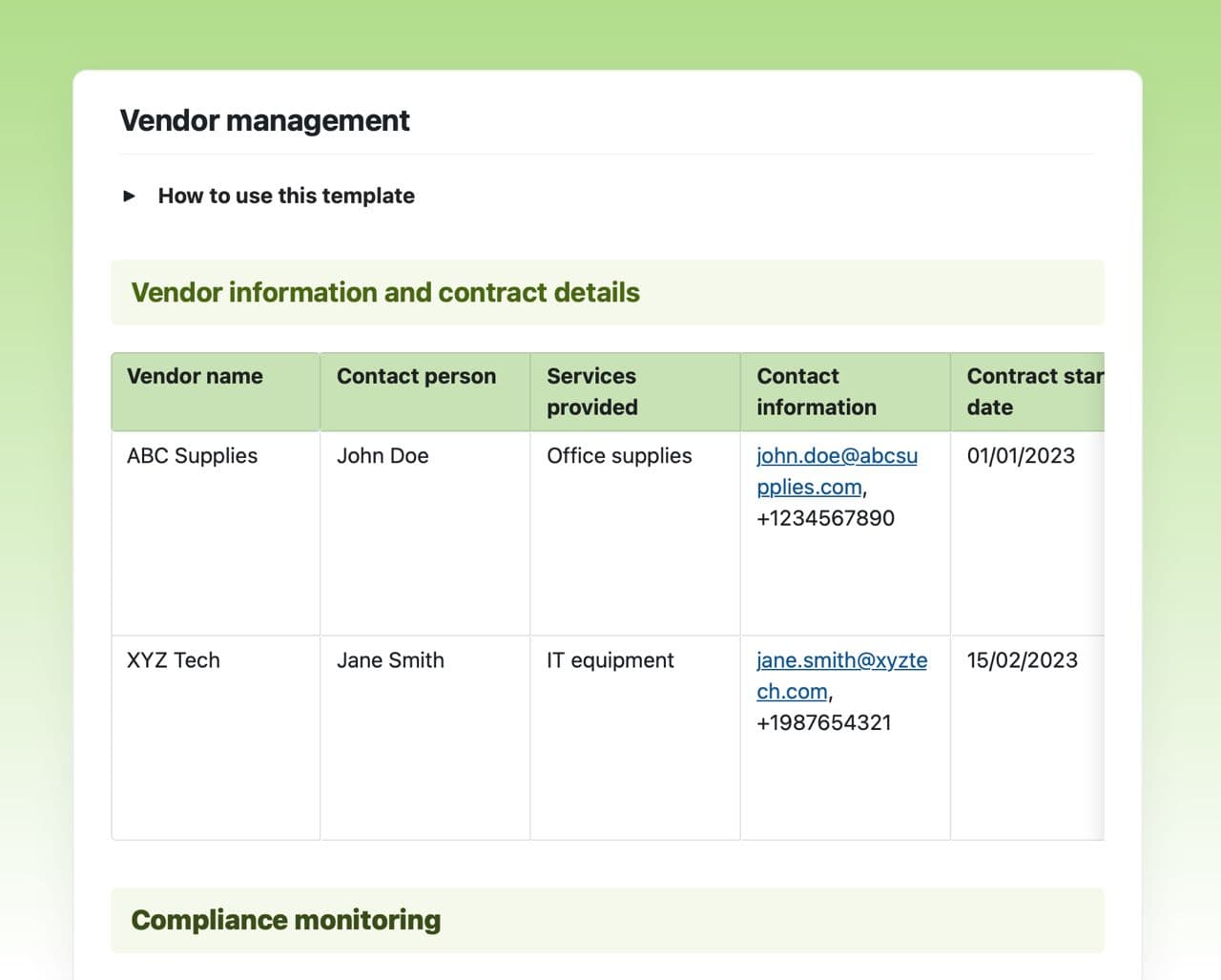 Vendor management template in Craft.