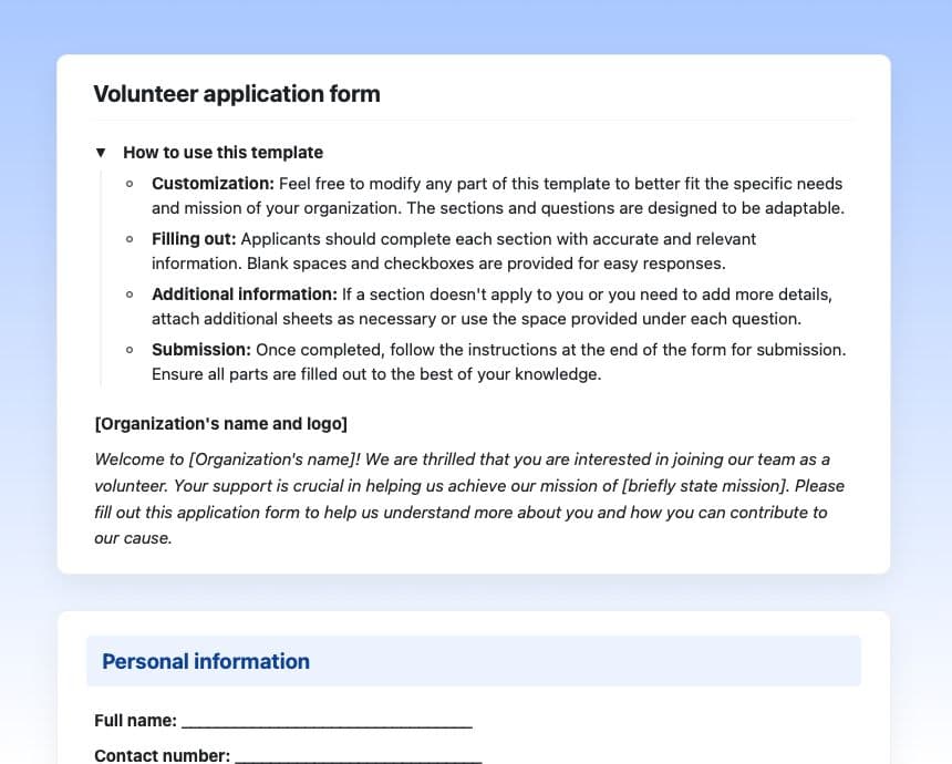 Craft Free Template: Volunteer application form